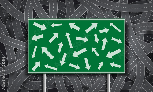 Lots of direction arrows on a road sign