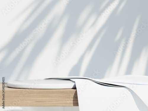 3d white ceramic display podium with white fabric on wooden table against leaf shadow. 3d rendering of abstract presentation for product advertising. 3d illustration.