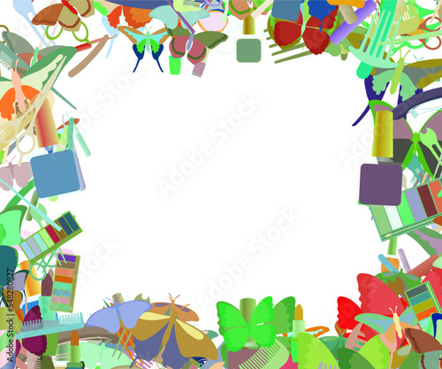 Background pattern abstract design texture. Border frame, transparent background. Theme is about drawing, brush, spring, ointment, barber, cosmetology, hair care, wild, comb, tropical, silhouette