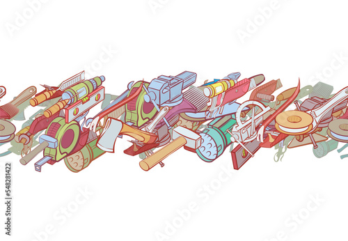 Background pattern abstract design texture. Repair and Building tools. Horizontal seamless stripe. Border frame, transparent background. Theme is about length, drawing, knife, instruments