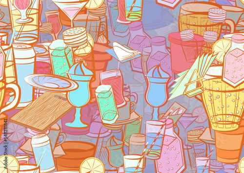 Background pattern abstract design texture. Seamless. Drinks and Table setting. Theme is about hot drink, cardboard, knife, cola, soda, spoon, alcohol, saucer, board, bottle, coffee, wineglass