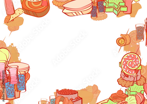 Background pattern abstract design texture. Snacks and Alcohol. Border frame, transparent background. Theme is about gin, lime, soda, topping, satiety, marshmallows, covered, bacon, crab meat