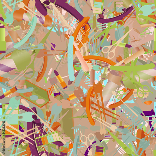 Background pattern abstract design texture. Seamless. Theme is about hairdressing, claw, parlor, barber, toiletry, cosmetology, barrette, scissors, cosmetics, makeup, barbershop, hairpin