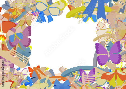 Background pattern abstract design texture. Border frame, transparent background. Theme is about slip, comb, Red Admiral, wild, ribbons, barrette, colorful, various, raker, background, repeat