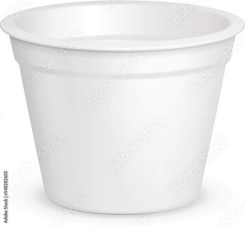 Mockup Open Cup Tub Food Plastic Container For Dessert, Yogurt, Ice Cream, Sour cream Or Snack. Illustration Isolated On White Background. Mock Up Template Ready For Your Design.