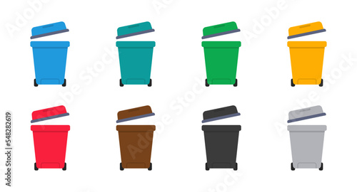 Vector flat illustrations for trash. Many trash cans. Vector