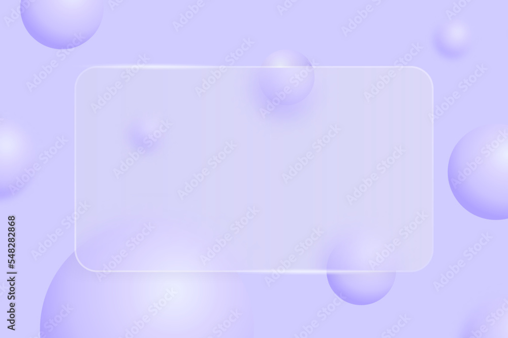Violet abstract background of 3d bubbles with glassmorphism rectangular plate in the center. Horizontal lilac banner template with translucent frame for text and levitate balls, spheres. Vector Violet abstract background of 3d bubbles with glassmorphism rectangular plate in the center. Horizontal lilac banner template with translucent frame for text and levitate balls, spheres. Vector