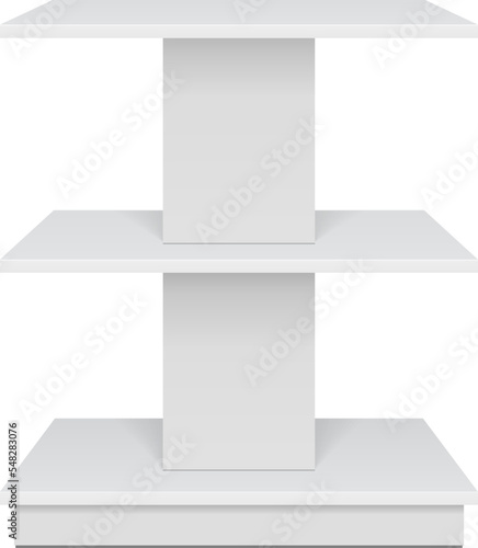 Mockup Square POS POI Floor Showcase Display Rack Shelves For Supermarket. Front View 3D. Illustration Isolated On White Background. Mock Up Template Ready For Your Design. Product Advertising.