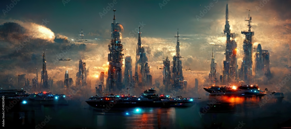 Futuristic City skylines. Sci-fi. Concept art. Space war.
