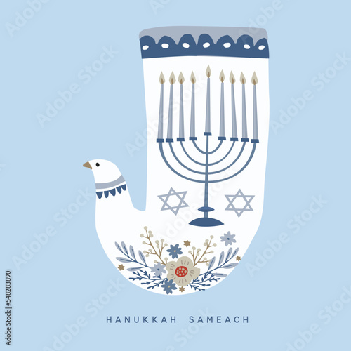 Happy Hanukkah greeting card, invitation with hand drawn candleholder, decorative dove bird, David stars. Flowers and olive tree branches. Vector illustration background for Jewish Festival of light.