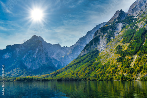 Koenigssee lake with Alp mountains, Konigsee, Berchtesgaden National Park, Bavaria, Germany