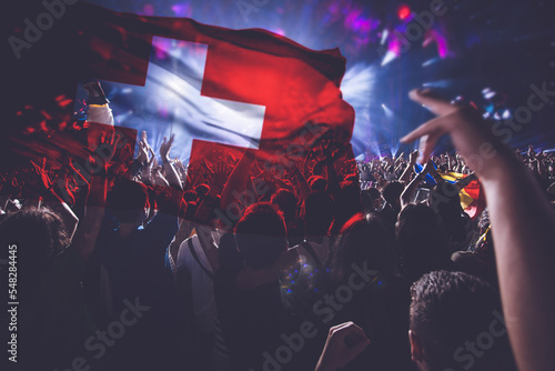 Cheering crowd at a football game with Switzerland flag in the background