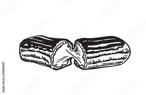 Vector hand-drawn eclair on white isolated, bakery and gastronomy element of design