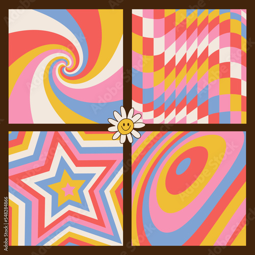 Set of Funky Groovy Abstract Backgrounds Design. Cool Trippy Colorful Patterns. 70s retro geometric Aesthetic. Simple flat vector illsutation.