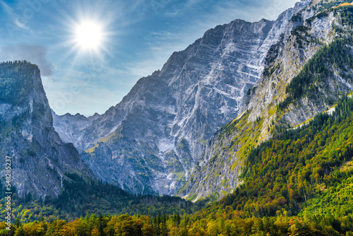 Alps mountains covered with forest  Koenigssee  Konigsee  Berchtesgaden National Park  Bavaria  Germany