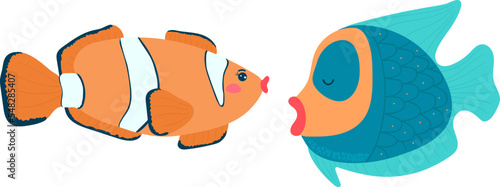 Cartoon style, funny clown fish, bold anemone, wildlife underwater, design, flat vector illustration, isolated on white.