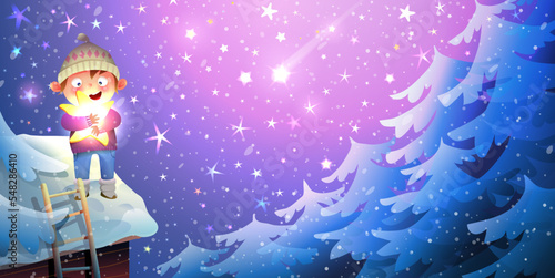 Little boy in magical winter forest on the roof holding a star. Magical starry night in winter forest landscape and a happy kid dreaming. Vector artistic cartoon illustration, fairytale wallpaper.