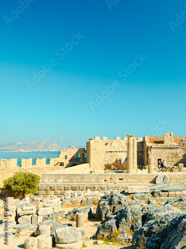 Lindos, Greece - October 22, 2022 - Beautiful view of the acropolis of Lindos