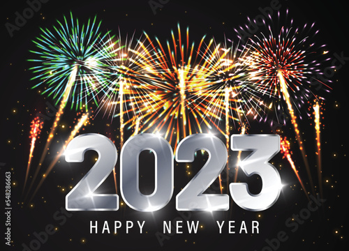 Happy new 2023 year Elegant text with light effect and fireworks.