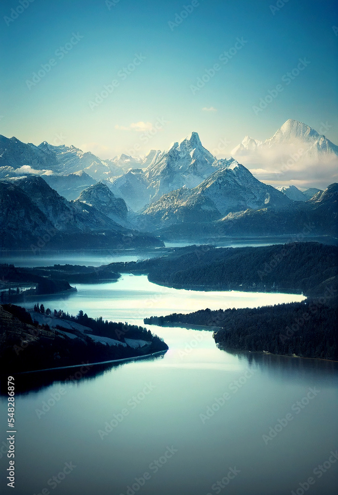 Horizontal shot of beautiful mystical snowy mountains with river 3d illustrated