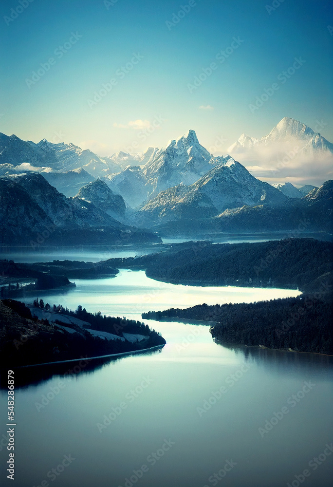 Fototapeta premium Horizontal shot of beautiful mystical snowy mountains with river 3d illustrated