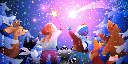 Magical winter forest scene with animals and children watching shooting stars in sky. Bear, fox, rabbit, deer and wolf in winter woods. Christmas or New Year greeting card. Vector scene illustration.