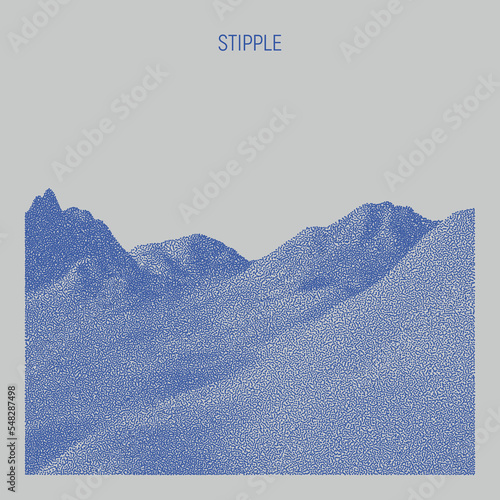 Vector landscape of mountain in dotwork style. Stipple illustration design. Old retro dot texture vintage gradient. Pointillism graphic. Grain terrain wallpaper.