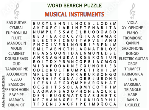 Word search puzzle vector (Word find game) illustration. Music instruments.