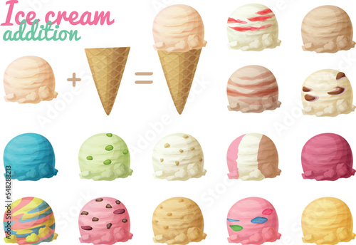 Ice cream vector illustration, icecream scoops and cone cartoon icons, vanilla chocolate strawberry nut chips flavors soft ice cream balls