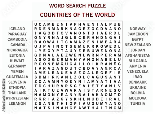 Word search puzzle vector (Word find game) illustration. Countries of the World - 01