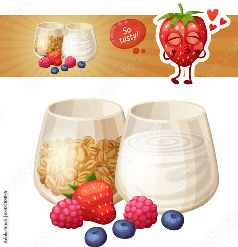 Yogurt and muesli illustration. Summer parfait with strawberry, blueberry, raspberry ingredients. Cartoon vector food icon isolated on white background