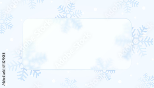 Christmas background with snowflakes and glassmorphism rectangular plate in the center. Trendy banner template in glassmorphism style. Magic holiday card, poster. Shining winter background for sale