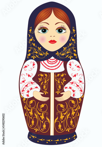 Russian traditional nesting dolls in vector with colorized drawing. Beautiful and cheerful elegant Matryoshka.  Souvenir vector illustration. Gift. Banner. 