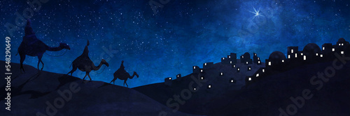 The Three Kings - also known as the Magi or Wise Men follow the Star of Bethlehem to visit the baby Jesus bearing gifts - gold, frankincense, and myrrh.