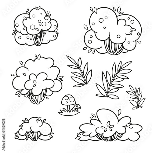 Set of  foliar bushes linear drawing for coloring page isolated on white background