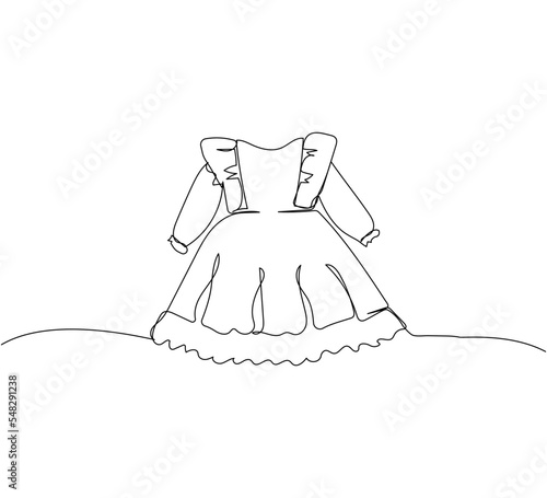 Child dress one line art. Continuous line drawing of clothing, dress, children s, wardrobe, dress up, celebration, preppy, festive, baby accessories.