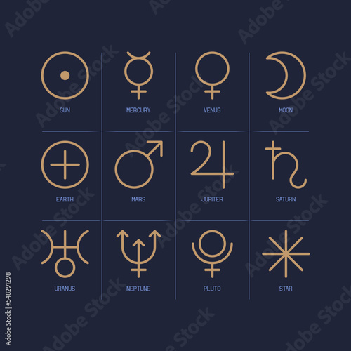 Solar system zodiac horoscope astrological thin line label linear design esoteric stylized elements symbols signs. Vector illustration icons