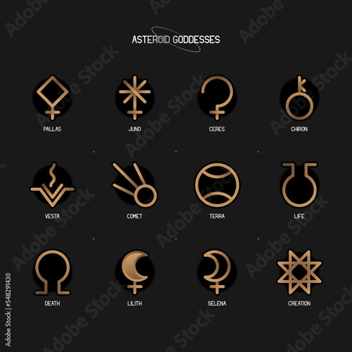 ASTEROID GODDESSES zodiac horoscope thin line label linear design esoteric stylized elements symbols signs. Vector illustration icons