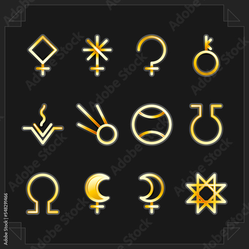 ASTEROID GODDESSES zodiac horoscope thin line label linear design esoteric stylized elements symbols signs. Vector illustration icons