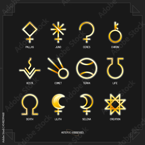 ASTEROID GODDESSES zodiac horoscope thin line label linear design esoteric stylized elements symbols signs. Vector illustration icons