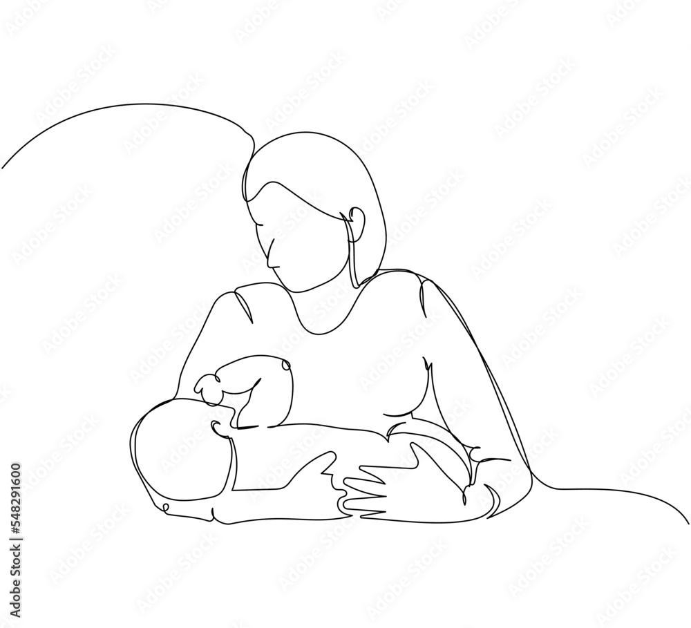 Mom holds a child in her arms one line art. Continuous line drawing of newborn, motherhood, family, love, child, care, childhood, worries.