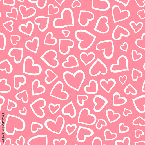 Seamless background with white hearts and pink background. Valentine day. Good for card, wallpapers, fabric print. 