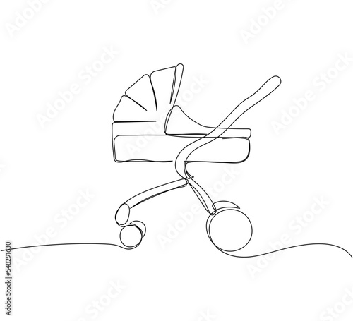Modern baby stroller one line art. Continuous line drawing of childhood, safety, protection, transportation, personal, classic style, for winter.