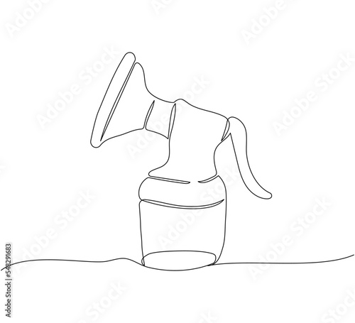 Breast pump one line art. Continuous line drawing of milk, feeding, baby, newborn, child, baby food, breast milk, natural feeding.