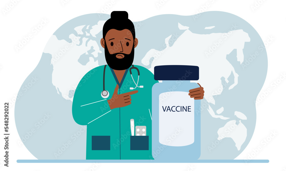 Pandemic, vaccination and health concept. Doctor with a bottle of vaccine.