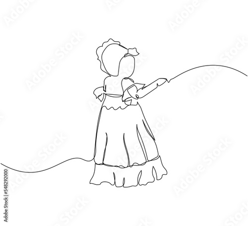 Little baby in christening clothes one line art. Continuous line drawing of child, childhood, play, boy, girl, sacrament of baptism, christening clothes, dress, bonnet.