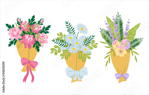 Set of flower bouquets gift in wrapping  