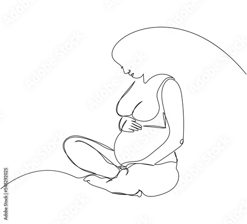 Pregnant woman sitting in lotus position and stroking her belly one line art. Continuous line drawing of pregnancy, motherhood, preparation for childbirth, preparation for motherhood, relaxation.