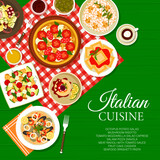 Italian cuisine menu cover page template. Octopus potato salad, ravioli with tomato sauce and pizza Diavola, seafood spaghetti pasta, cake Cassata and tomato mozzarella salad Caprese, mushroom risotto