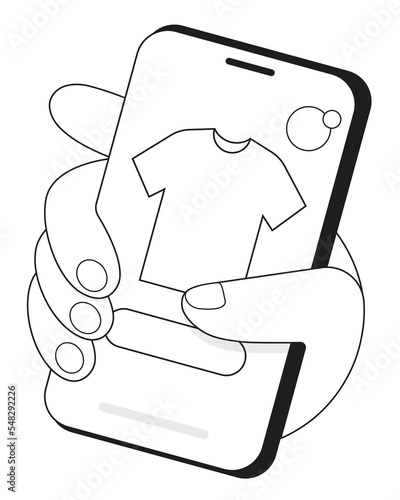 Vector illustration of a hand holding a phone made by lines. Black-and-white illustration. A man orders clothing online. (ID: 548292226)